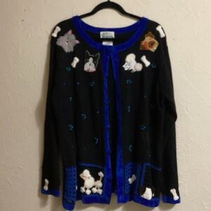 Quacker Factory Black and Blue Cardigan with Dog Motifs